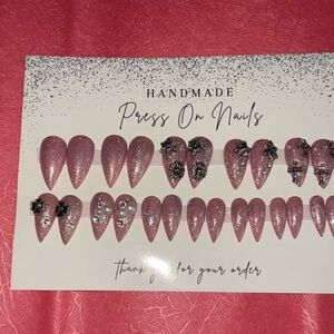 Pink Glitter Press On Nails with Black Accents